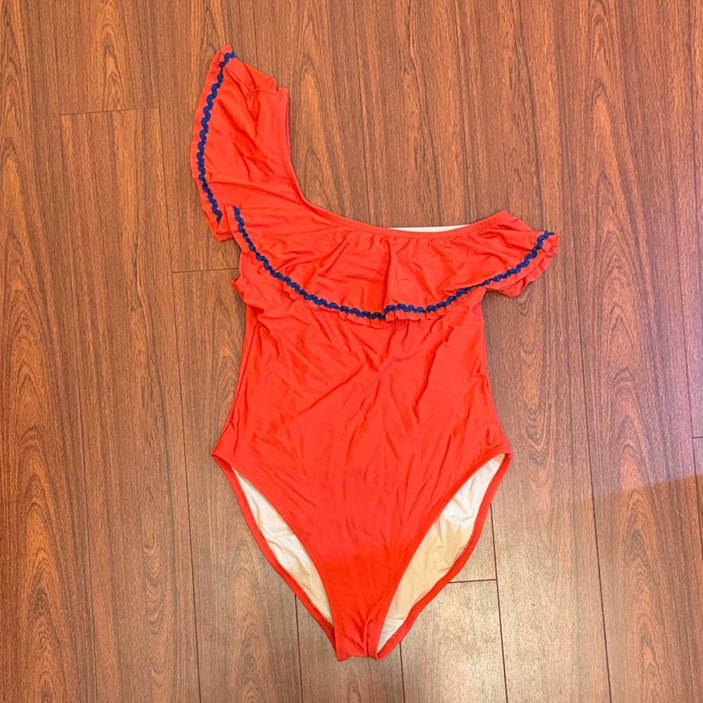 J.Crew One-Shoulder Orange-Red Swimsuit with Blue Trim